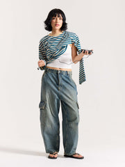 Teal Blue Striped Loose Fit Cropped T-Shirt